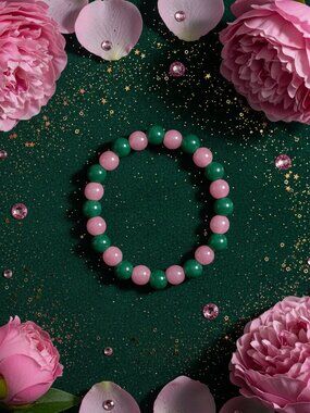 Emerald & Rose Beaded Bracelet | Handmade Green Pink Glass Bead Stretch Bracelet